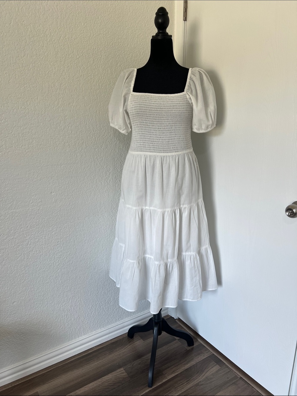 White Smocked Puff-Sleeve Midi Dress